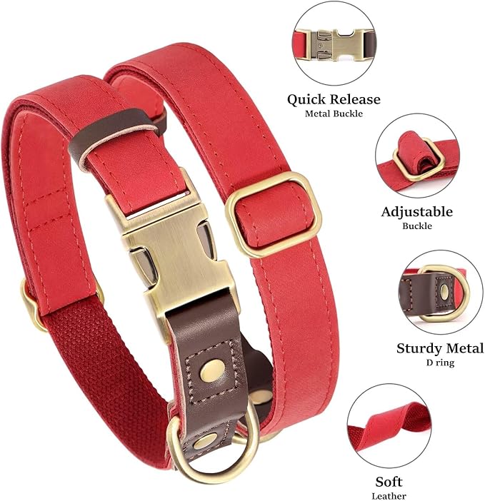 Didog Soft PU Leather Dog Collars for Small Dogs,Classic Adjustable Dog Collars with Quick Release Metal Buckle,Easy Clean and Comfortable with Nylon Lining,Red,S Neck 10-15"