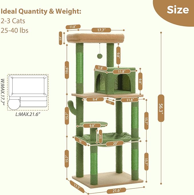 PETEPELA 56.3'' Tall Cat Tree for Indoor Cats, Cactus Cat Tower with Super Large Hammock (20''X16''), Sisal Covered Scratching Posts, Cozy Condo and Top Perch Green