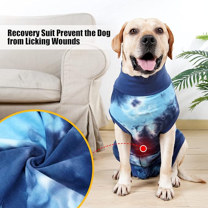 Breathable Dog Recovery Suit for Medium Large Dogs Onesie Tie Dye Pjs for Abdominal Wounds,Shedding, Prevent Licking S Blue2