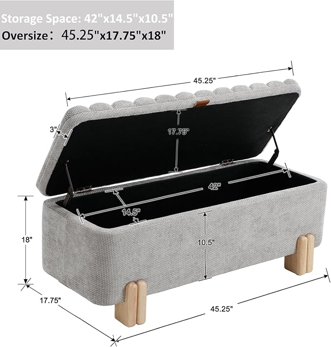 Kmax 45" Storage Bench Velvet Entryway Bench Upholstered Ottoman Bench with Wavy Top & Safty Hinge for Bedroom Living Room Hallway, Grey