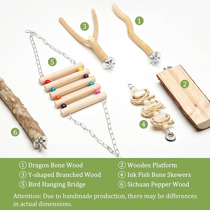 Bird Perches for Cage 6pcs Natural Bird Stand Branch for Cage with Hanging Bridge, Parrot Swing Toys Chewing Climbing Standing Branches Wood Pole Paw Grinding Fork Parakeet Platform