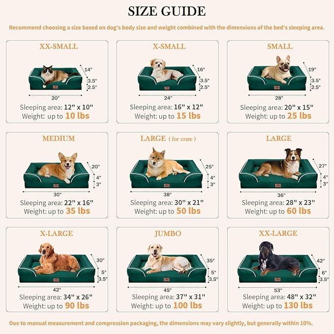 Comfort Expression XL Orthopedic Dog Beds, Waterproof Extra Large Dog Beds with Bolster, Washable Pet Sofa Couch with Removable Cover & Non-Slip Bottom(X-Large,Emerald)
