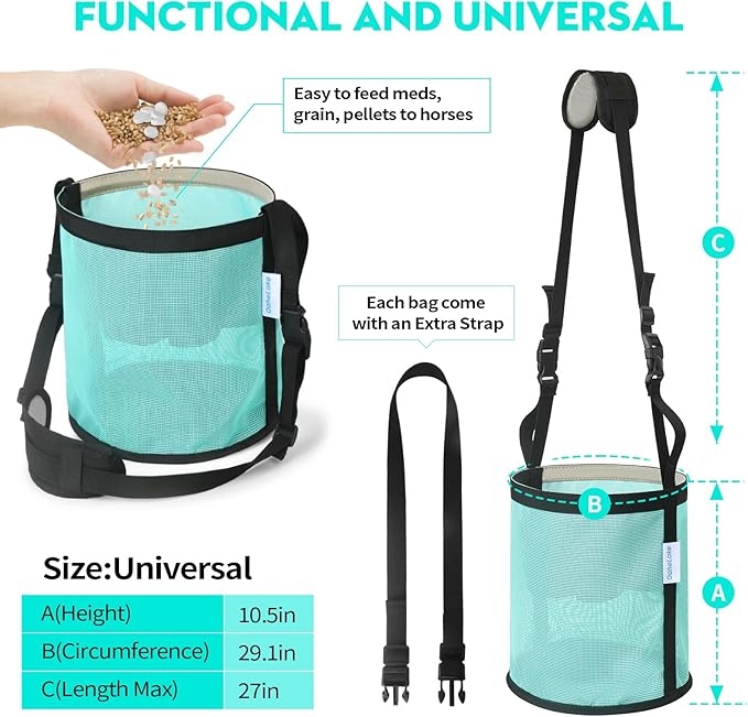 Horse Feed Bag 2 Pcs, Mesh Feed Bags for Horses, Muzzle Feedbag for Feeding Grain, Anti-Spill Design Feeder, Soft Neck Pad Nose Pad, Universal Fit (Mint, Pack of 2)