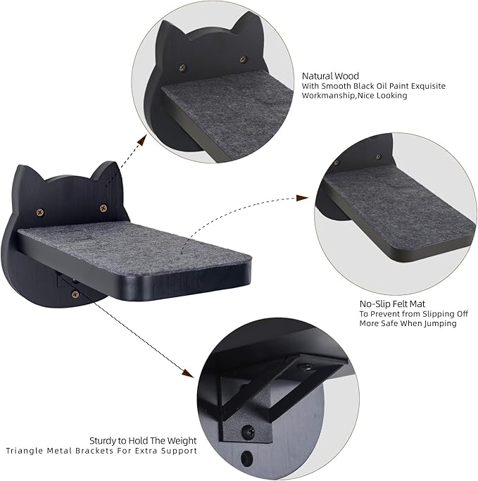 ESPETS Black Painted Solid Wood Cat Wall Climbing Steps Set of 3 - Wall Mounted Cat Floating Furniture Shelves and Perches, Sturdy Climber Stairs Ladders - Holds up 30lbs