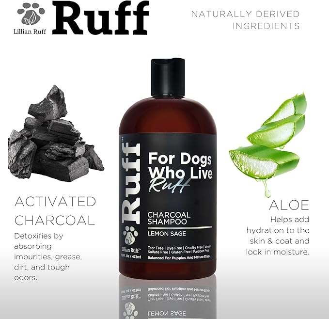 Ruff by Lillian Ruff Activated Charcoal Pet Shampoo – Deep Cleanser, Deodorizer, Stain Remover – Lemon Sage Scent, pH Balanced, Hydrate Dry Itchy Skin – Safe for Puppies & Mature Dogs
