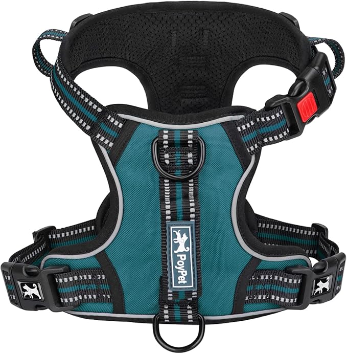 PoyPet No Pull Dog Harness, No Choke Front Clip Reflective Dog Vest with Soft Padded Vertical Handle, 3 Leash Attachments for Small Medium Large Dogs (Tumalo Teal,XL)