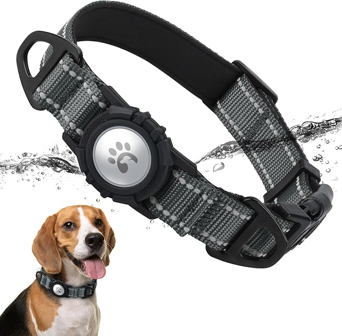 TagME Airtag Dog Collar,Waterproof Reflective Pet Collar with Airtag Holder,Soft Padded and Double D-Rings for Medium Dogs,Grey