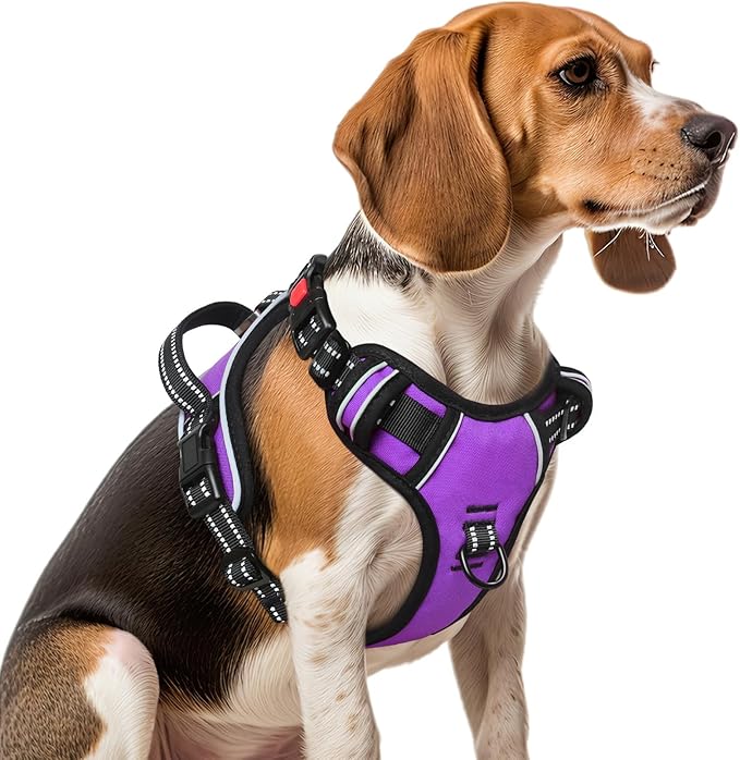 Timos Dog Harness Medium Sized, No Pull with Neck Lockable Snap,No Choke Front Clip Dog Reflective Harness,Adjustable Metal Rings 3 Buckles,Easy Control Handle for Medium Dogs Purple M
