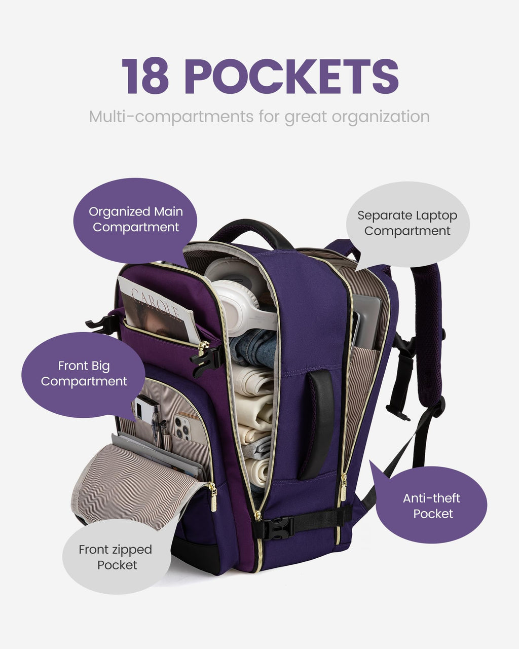 LOVEVOOK 40L Travel Backpack for Women & Men - 17.3 Inch Carry On Backpack & Personal Item Backpack for Airlines, Spacious and Durable Design, with 3 Packing Cubes