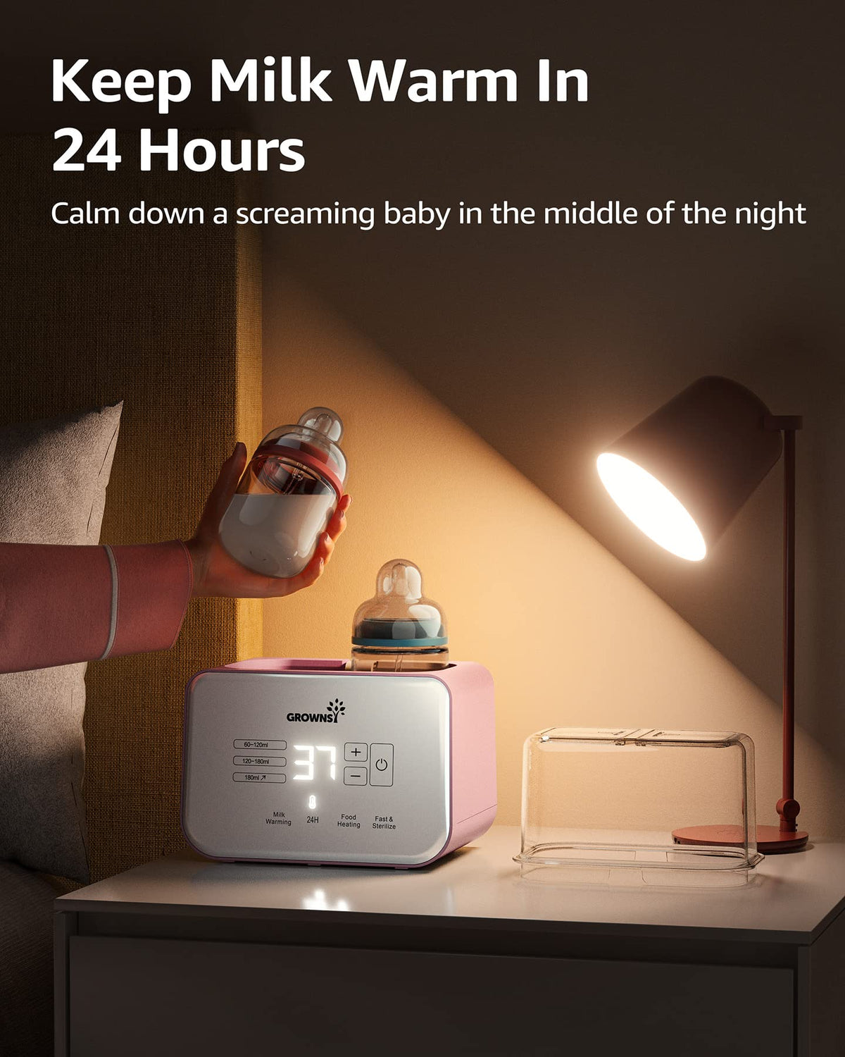 Baby Bottle Warmer, Grownsy 8-in-1 Fast Milk Warmer with Timer Breastmilk or Formula, Fits 2 Bottles, Accurate Temperature Control, with Defrost, Sterili-zing, Keep, Heat Baby Food Jars Function