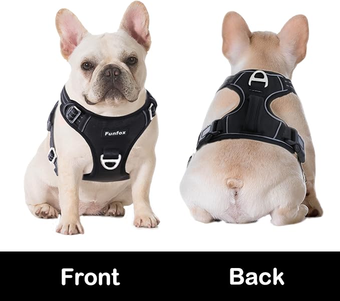 Funfox Dog Harness No Pull, Adjustable Pet Vest Harness, Super Soft Material with Vertical Handle Easy Control, Reflective Night Walking, 2 Leash Clips for Medium Sized Dogs, Black, M
