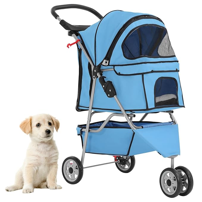Foldable Pet Stroller for Cats and Dogs 3 Wheels Carrier Strolling Cart with Weather Cover, Mesh Panels，Storage Basket Cup Holder，Blue