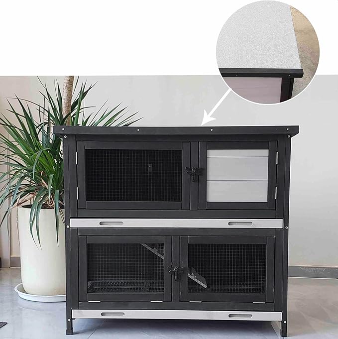 Double Level Solid Wood Rabbit Hutch Small Animal Cage for Rabbits, Guinea Pigs, Hedgehogs & Lizards Indoor/Outdoor– 2-Tier Eco-Friendly Habitat with Bedding Area, Durable & Easy to Clean