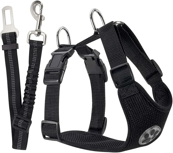 SlowTon Dog Seat Belt Harness for Car, Dog Car Harness Adjustable Mesh Breathable & Dog Seatbelt Safety Tether with Elastic Bungee for Small Medium Large Pets(Black, Single Clip, L)