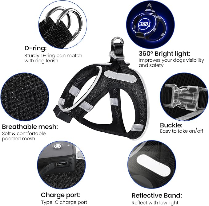 PceoTllar Light Up Dog Harness, LED No Pull Reflective Dog Harness, Flashing Lighted for Night Walking - Small/Medium (Black Blue,s)