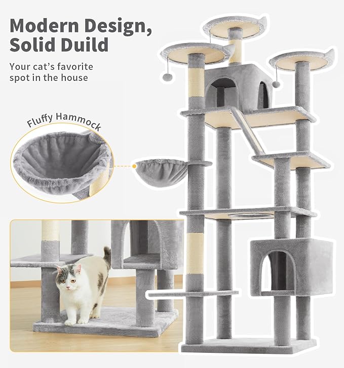 Made4Pets Tall Cat Tree, 80" Cat Tree Tower for Indoor Cats Large Adult, Modern Cat Tower with Scratching Post, Cozy Hammock, 3 Perches and 2 Condos, Sturdy and Fluffy, Light Gray