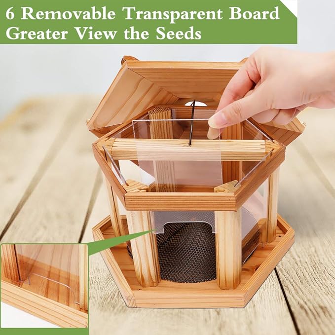 Solution4Patio Bird Feeder for Outdoors - USA Cedar Hexagon Gazebo Bird Feeders with Vented Mesh Tray, Easy-Clean & Fill Design 9.6" Dia. X 8.7" H 3.2-lb Capacity