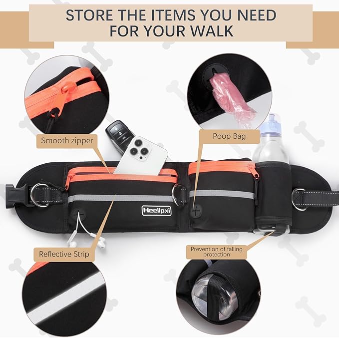 Hands-Free Waist Leash with Pouch for Two Dogs: Reflective Stitching, Dual Handle & Bungee Retractable Design – Ideal for Medium to Large Dogs (Orange) – Dog Walking Accessories