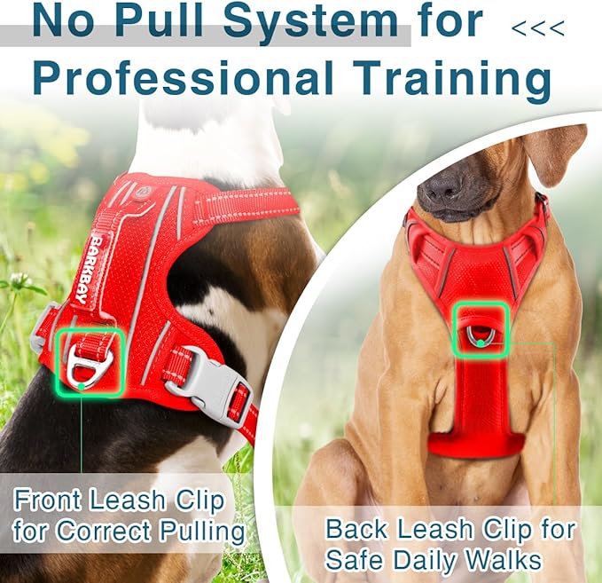BARKBAY Dog Harness No Pull with ID Tag Pocket - Heavy Duty, Reflective, Easy Control for Large Dogs(Red,L)