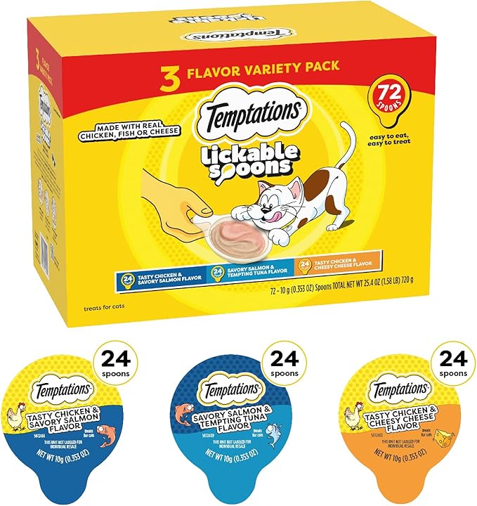 Temptations Lickable Spoons Adult Wet Cat Treats, 72 Spoons, Variety Pack