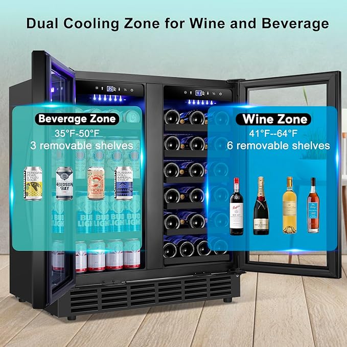 30 Inch Wine and Beverage Refrigerator, Upgrade Dual Zone Wine Cooler, 30'' Wine beverage Fridge Built in or Freestanding Under Counter Large Capacity Glass Door Advanced Cooling System,Black