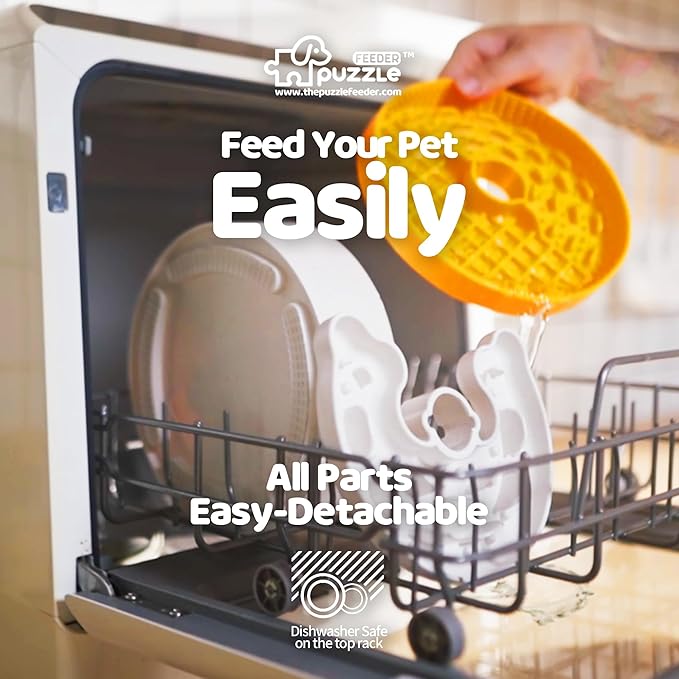 Slow Feeder Dog Bowl with Lick Mat and Puzzle Inserts - Non-Slip Base, Adjustable Speed Design, Dishwasher Safe for Puppies, Orange