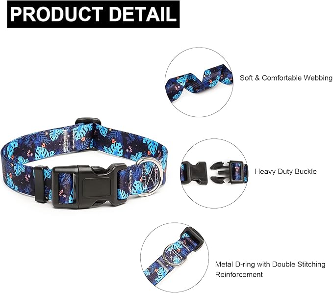 Mercano Adjustable Dog Collar - Special Design Patterns, Soft Nylon Comfortable Durable Pet Collar for Small Medium Large Dogs (M, Monstera)