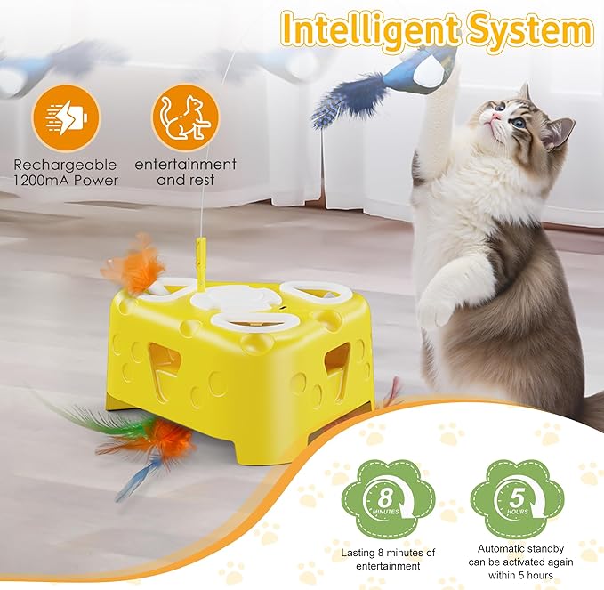 3-in-1 Interactive Cat Toy for Indoor Cats,Automatic Kitten Toys,Flying Bird,6 Holes Mole,Rotating Feather, USB Rechargeable Electronic Interactive Feather Toy for Bored Adult & Kitten Cats