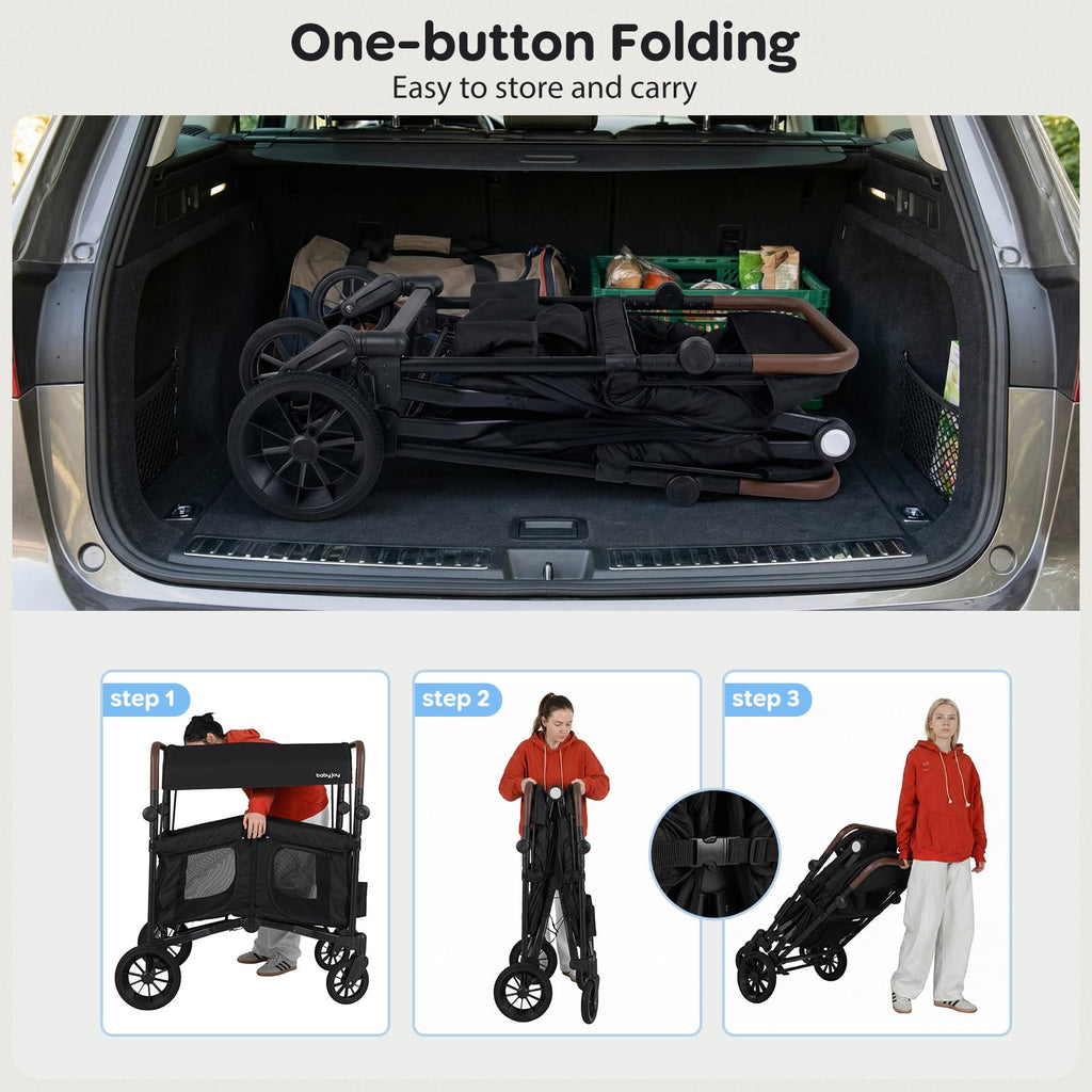 BABY JOY Wagon Stroller for 4 Kids, Foldable Stroller Wagon with Removable Canopy, Adjustable Handle, Snack Tray, Parent Organizer, 5-Point Safety Harness, Convertible Diaper Bag/Changing Pad (Black)