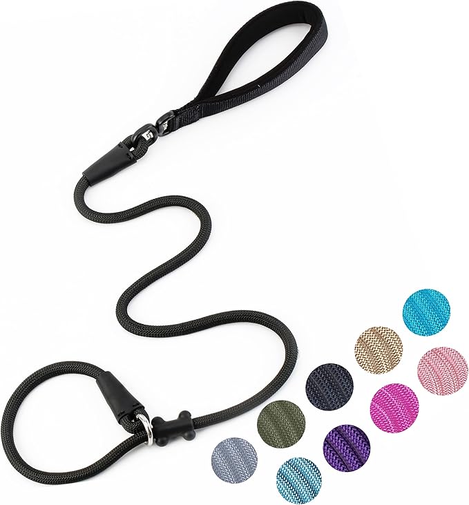 Slip Lead Dog Leash，Strong Nylon Rope Leash and Padded Handle,No Pull Outdoor Walking Training Lead for Small Medium Large Dogs(Black, 1/2"×4ft)