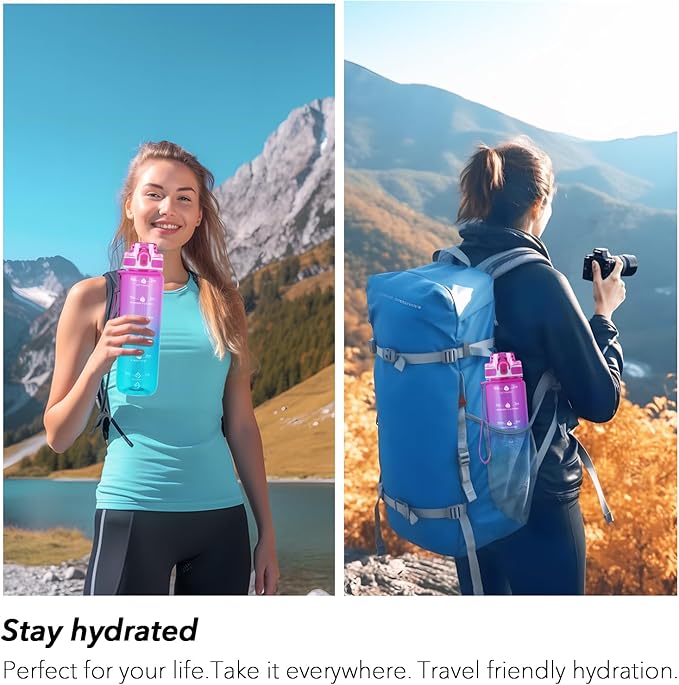 32oz Motivational Water Bottles with Time Marker & Fruit Strainer, Transparent Gradient Color Water Bottle with Times to Drink, Leakproof & BPA Free, Reusable Bottle with Strap (No Straw)