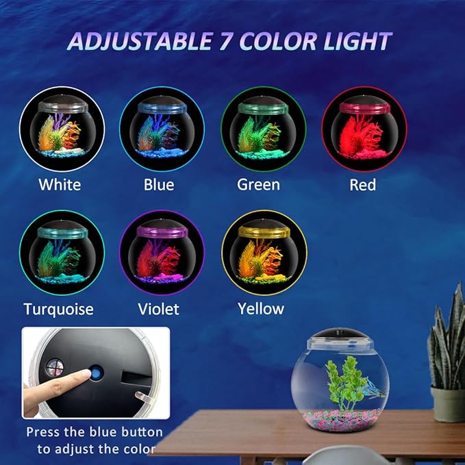Koller Products 1-Gallon Globe Fish Bowl, Impact- Resistant Plastic Aquarium Starter Kit with LED Lighting, Built-in Timer, Crystal-Clear Clarity, Desktop Fish Tank for Home Décor