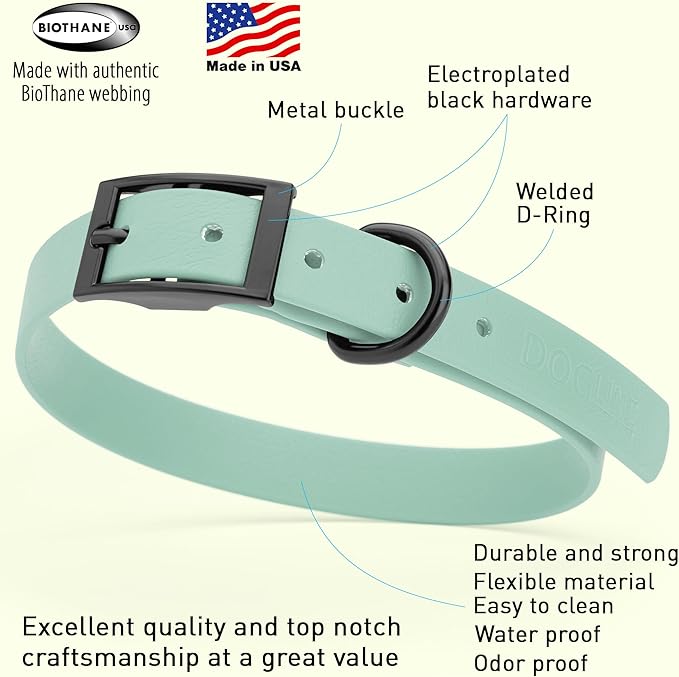 Dogline Biothane Waterproof Dog Collar Strong Coated Nylon Webbing with Black Hardware Odor- Proof for Easy Care Easy to Clean High Performance Fits Small Medium or Large Dogs, Sage Green