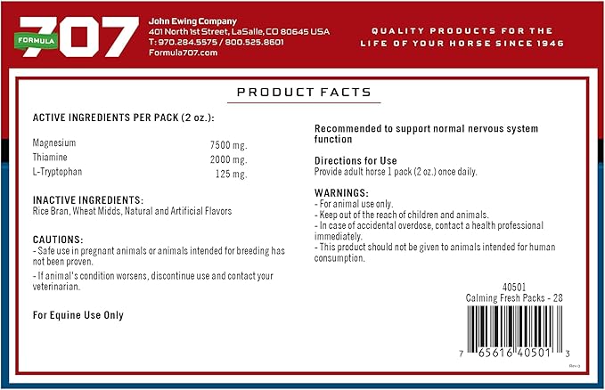 Formula 707 Calming Equine Supplement, Daily Fresh Packs – Anxiety Relief and Enhanced Focus for Horses – L-Tryptophan, Thiamine & Magnesium