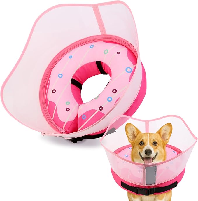 Soft Dog Cone Collar, Inflatable Donut Cones Alternative After Surgery with No-Lick Shield for Large/Medium/Small Dogs to Stop Licking, Elizabethan Neck Ecollars of Shame Comfy Pillow Recovery, Pink