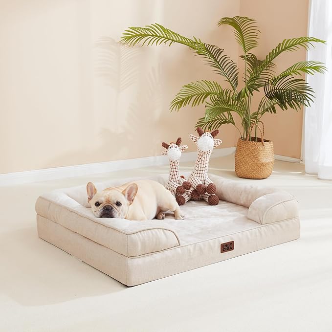 EHEYCIGA Orthopedic Dog Bed for Large Dogs, Waterproof Memory Foam, Non-Slip Bottom, Beige, 35"L x 22"W x 6.5"Th