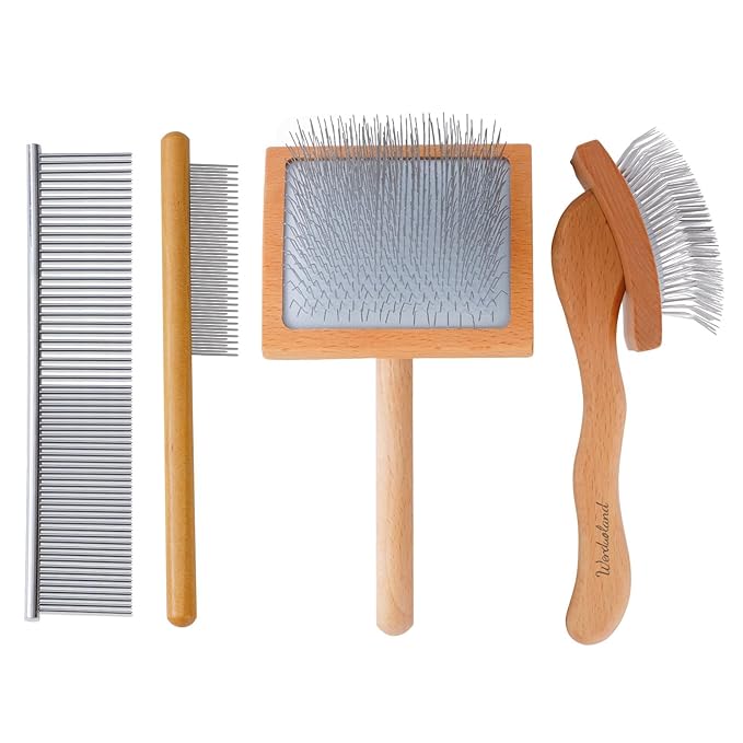 Ergonomic Slicker Brush for Long-Haired Dogs - Wooden Handle, Long Pins for Grooming Goldendoodles