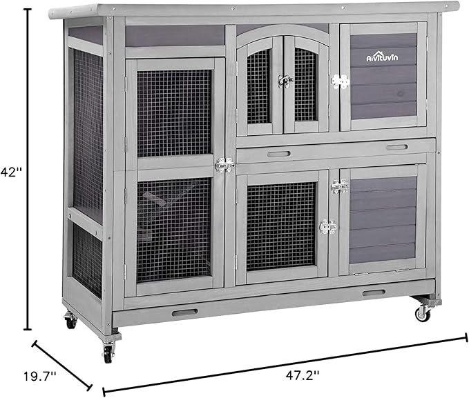 Aivituvin 47" Two Story Rabbit Hutch Bunny Cage with Wheels, Indoor Outdoor Guinea Pig Cage with 2 Deep No Leak Tray