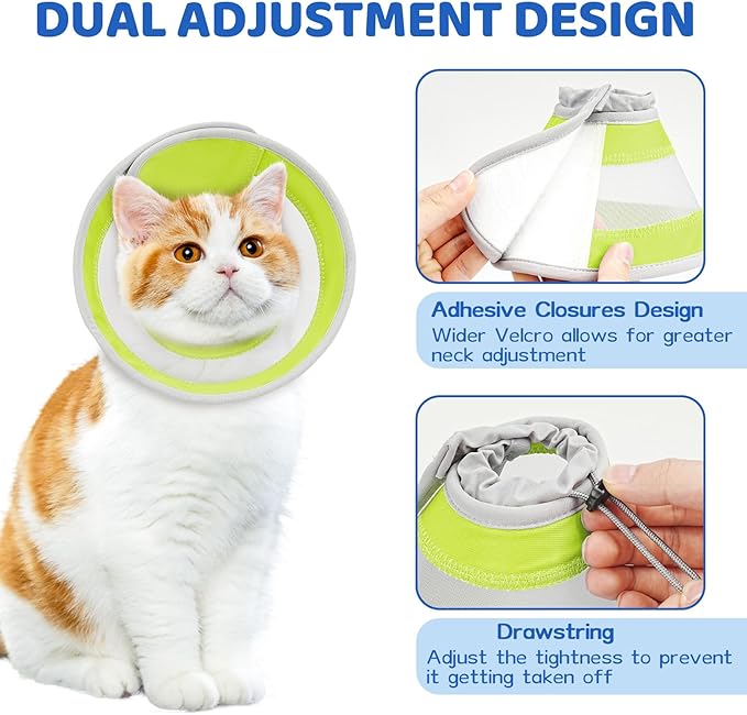 Breathable Air Mesh Cat Cone Collar Soft to Stop Licking, Adjustable, Foldable Lightweight Kitten Cones After Surgery Recovery for Cats & Kittens (Yellow Green,M)