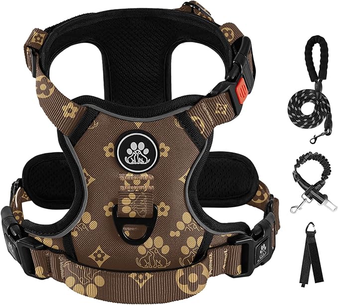 IVY&LANE No Pull Dog Harness with Leash Set, Reflective No Choke Pet Vest,Adjustable Oxford Dog Vest Harness with Easy Control Handle for Small Dogs (Dark Brown,S)
