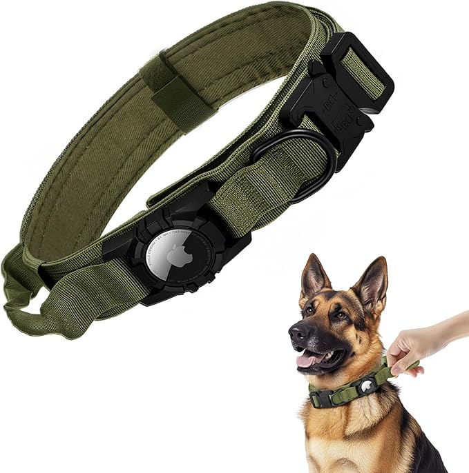 Tactical AirTag Dog Collar - Heavy Duty, Adjustable GPS Collar Compatible with Apple AirTag, with Holder & Control Handle for Medium/Large Dogs [ Green, M ]