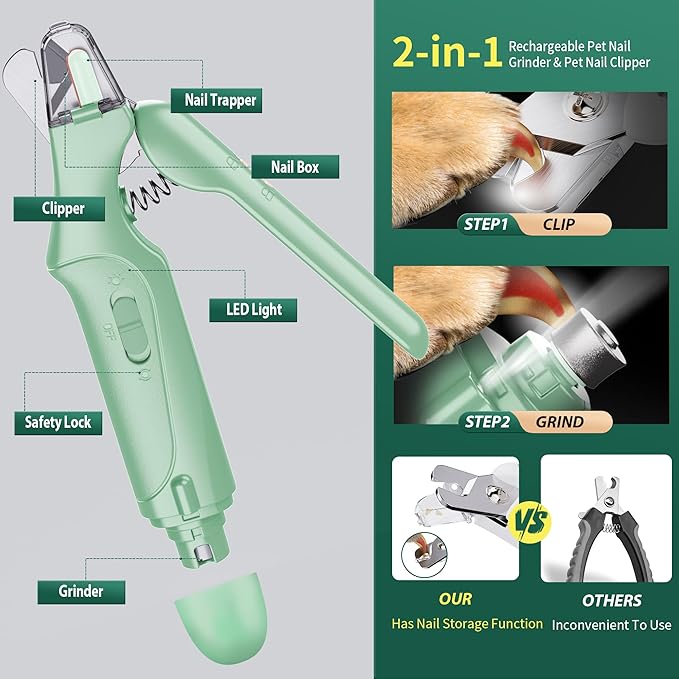 2 in 1 Dog Nail Clippers & Cat Nail Clippers Trimmers for Large Medium Small Dogs Cats Claw Trimmer Quick Sensor and Safety Guard USB Rechargeable with 2 LED Lights Dogs Nail Trimmer