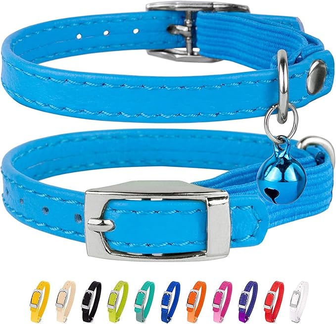 CollarDirect Leather Cat Collar, Kitten Collar with Removable Bell Black Blue Red Orange Lime Green (6-7 Inch, Light Blue)