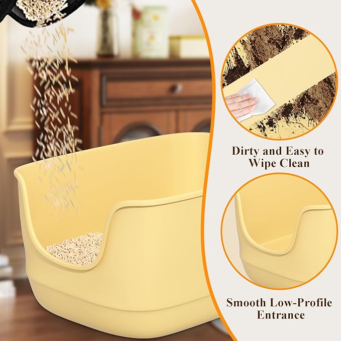 Gefryco Large Cat Litter Box with High Sided 24.6"x18.3"x12.2" - Jumbo Extra Large Open Anti - Splashing High Wall for Multiple Cats (Yellow)