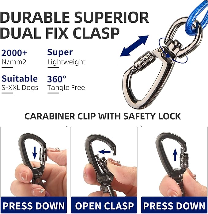 Dog Tie Out Cable, 50FT, Blue, Suitable for Dogs up to 350 pounds, Lightweight, Non-Winding, for Outdoor Use