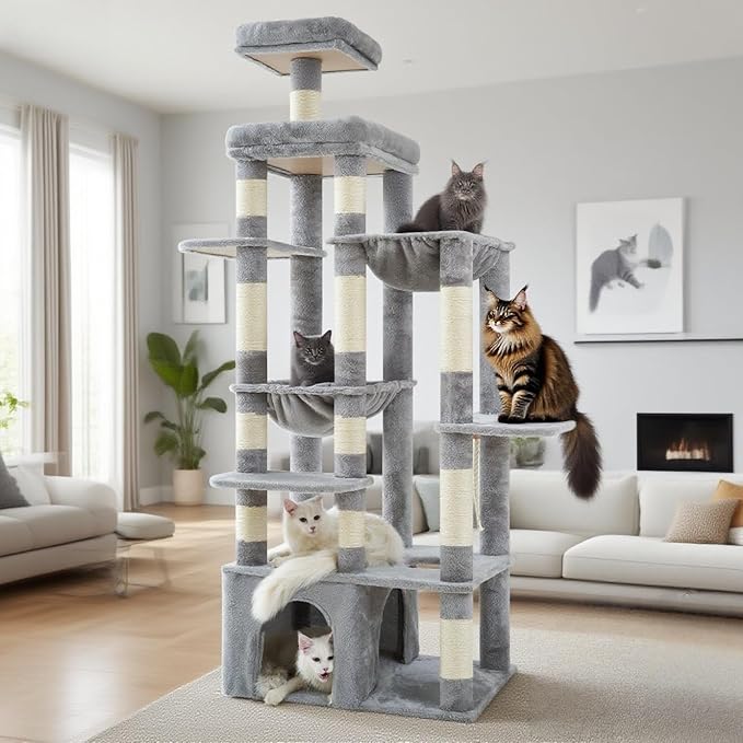 Heybly Heavy Duty Cat Tree, 71-Inch Tall Tower for Large Maine Coon with Extra-Large Baseboard, Cat Condo Furniture with Multi-Level Platforms, 2 Hammocks and 12 Scratching Posts, Light Gray HCT037W