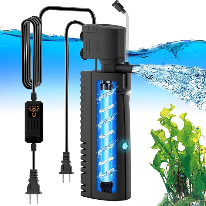AquaMiracle Aquarium Filter with U - V Light & Pre-Filter Sponge, Fish Tank Filter with Timer for Green Water, Green Clean Machine Turtle Filter with Aeration for Aquarium and Pond 70-100 Gallon