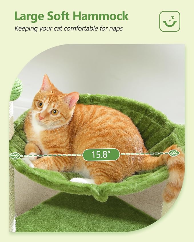 Small Cat Tree, 28" Cat Tower with Sisal Scratching Posts and Coconut Leaves for Indoor Small Cats, Large Hammock and Dangling Ball for Kittens, Green