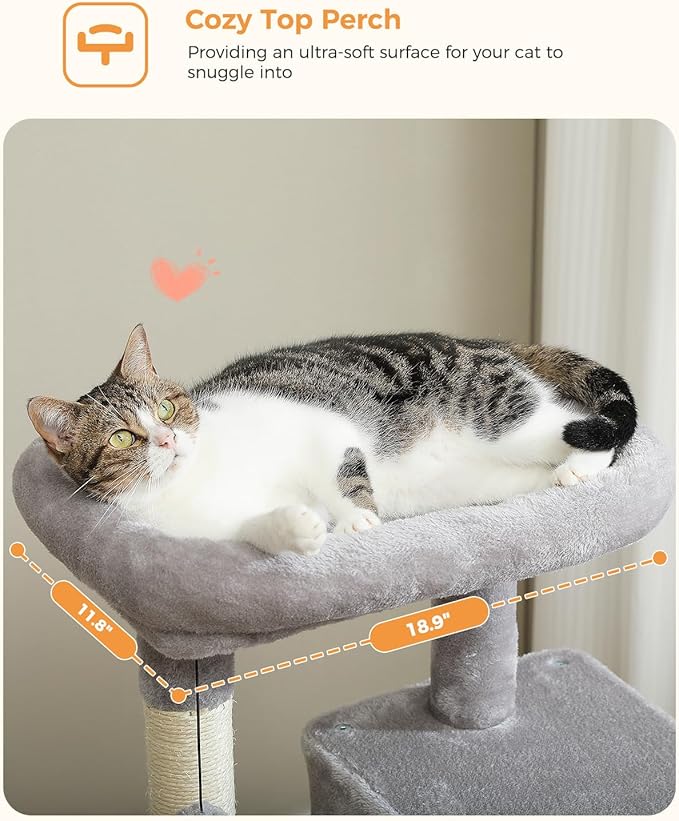 Cat Tree for Indoor Cats, 45.7" Multi-Level Cat Tower with Large Metal Frame Hammock, Cat Condo with 4 Scratching Posts and Top Perch for Small Medium Kitty, Grey