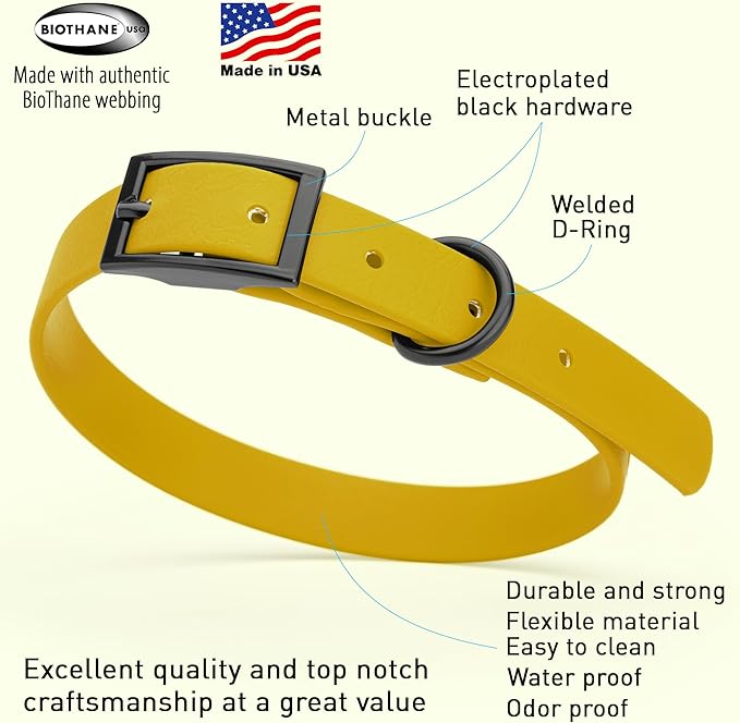 Dogline Biothane Waterproof Dog Collar Strong Coated Nylon Webbing with Black Hardware Odor- Proof for Easy Care Easy to Clean High Performance Fits Small Medium or Large Dogs, Treasure Gold
